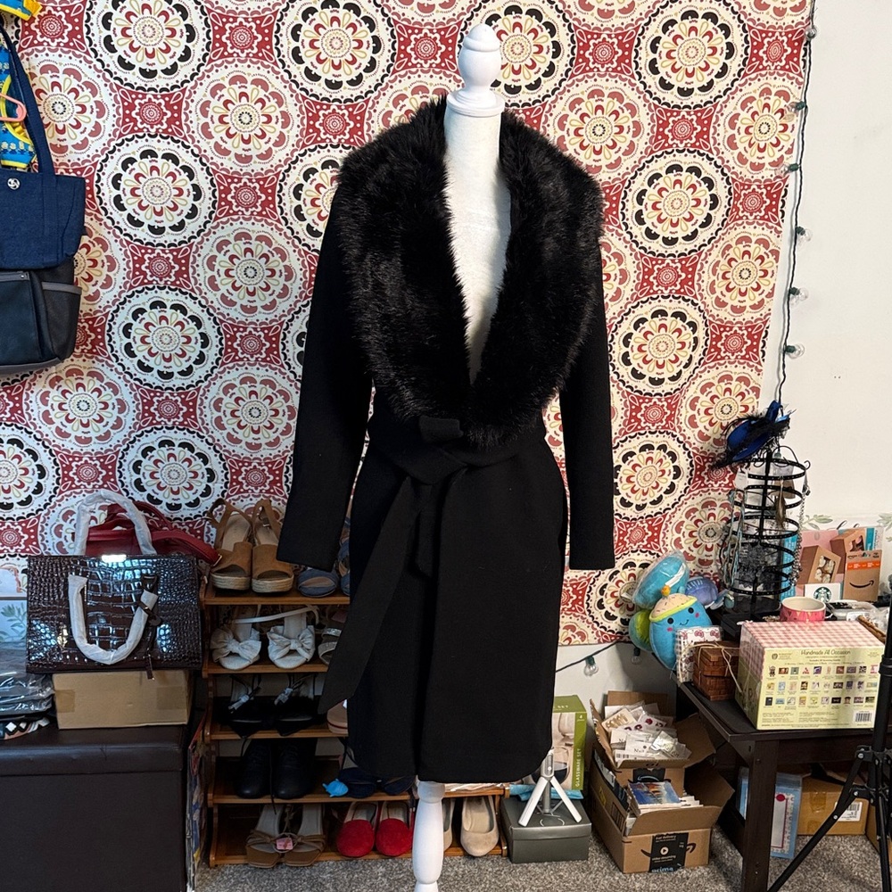 Club Monaco Black Trench Coat with Faux Fur Collar Removable